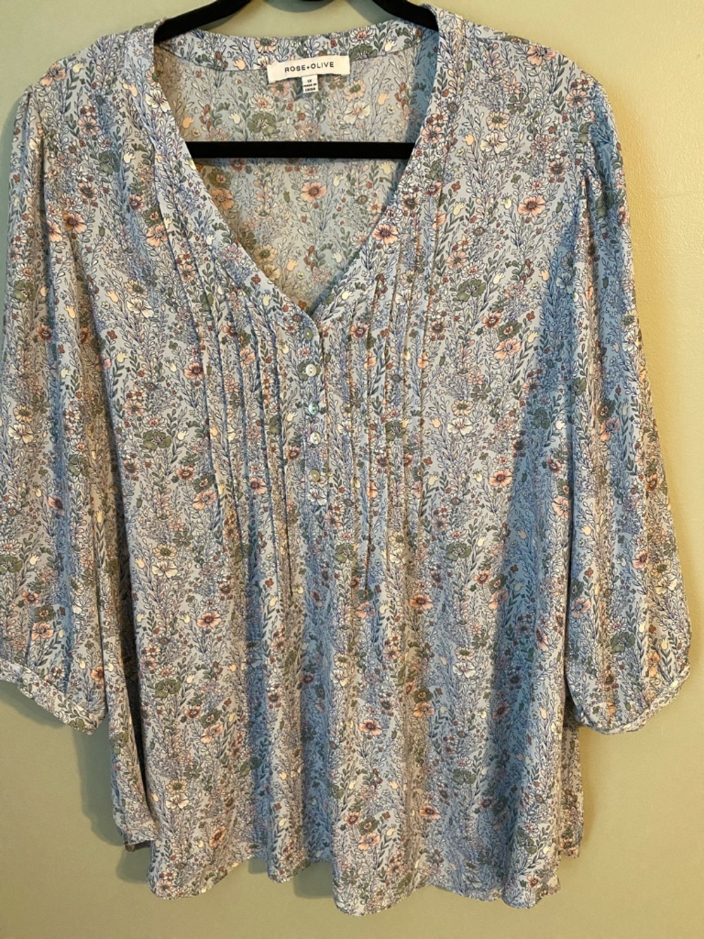 Rose & Olive Light Blue Floral Pintuck V-Neck Tunic
